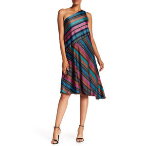 Maggy London One-Shoulder Stripe Dress Fuch Multi Size 2 US